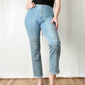 Vintage Embroidered Cut Out Beaded Ultra High Waisted Distressed Denim Jeans Fun